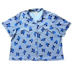 Vintage blue floral boxy buttoned womens short sleeve top blouse button 44 large
